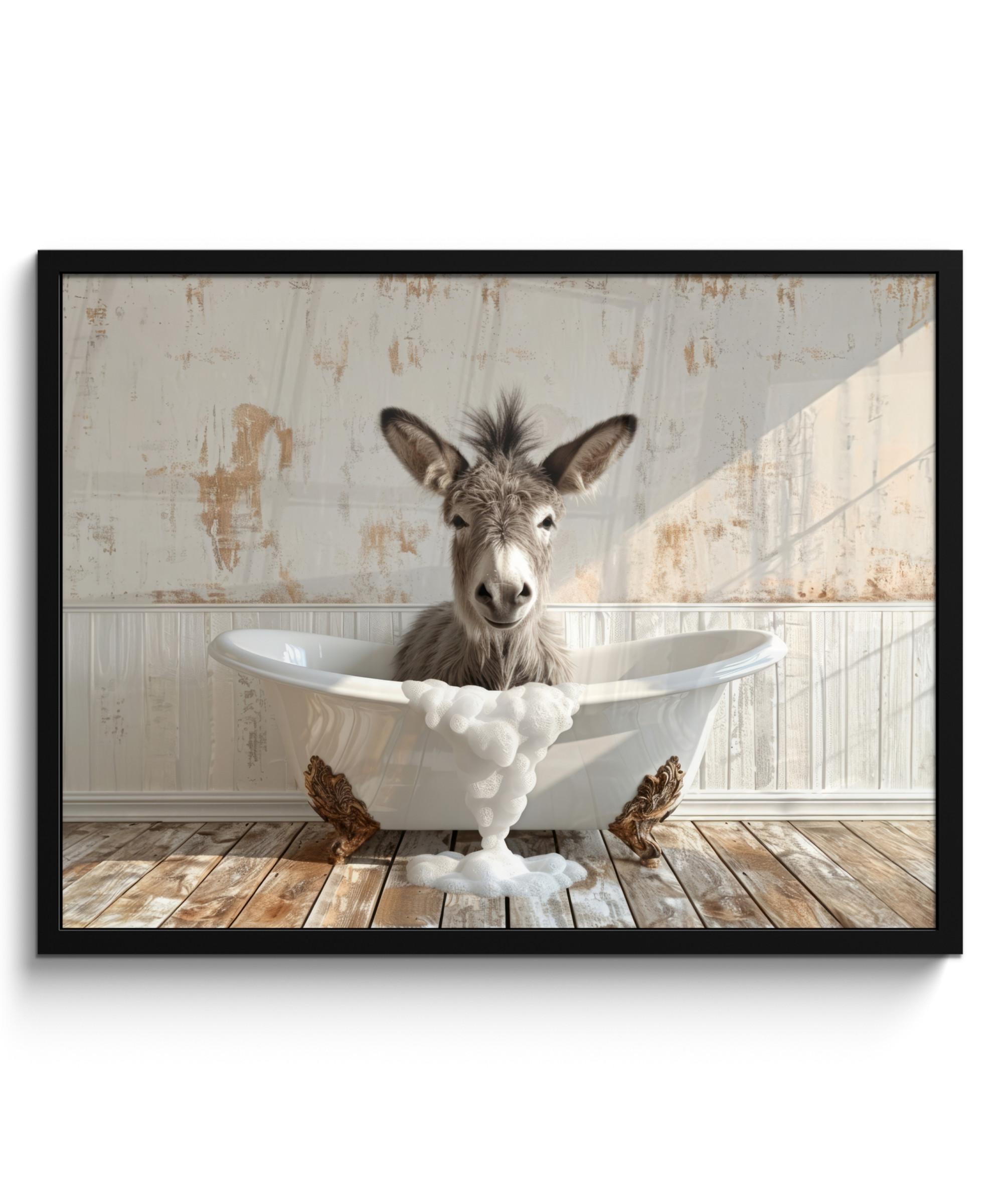 POSTER MIT RAHMEN Esel - Tiere - Badewanne - Schaumstoff 80x60 cm - Weiß, Papier (80/60cm) - MuchoWow