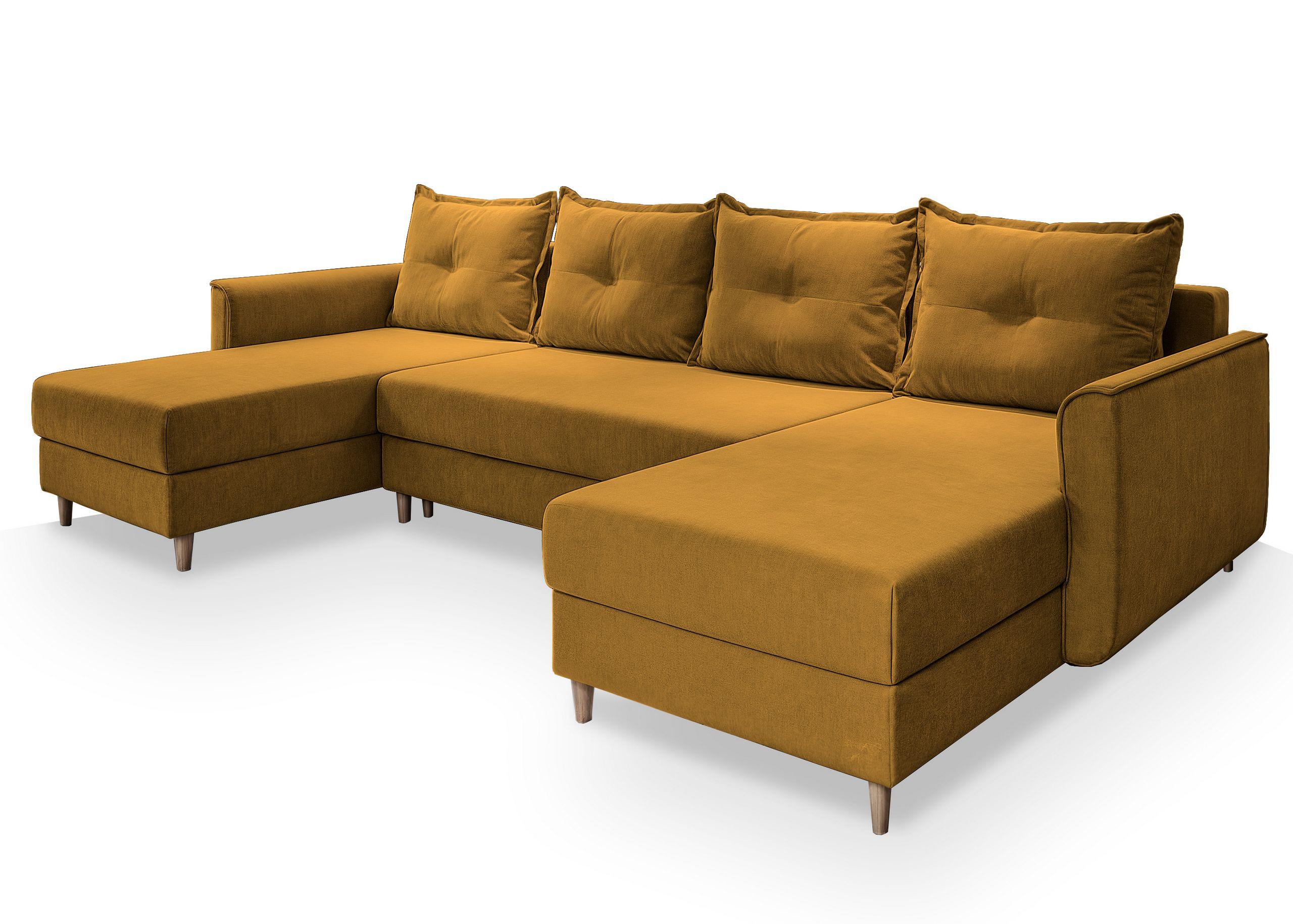 WOHNLANDSCHAFT VERNI Gelb Plüsch-Stoff mit Schlaffunktion - Gelb/Braun, Holz/Textil (285/91/143cm) - MASSENO