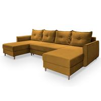 WOHNLANDSCHAFT VERNI Gelb Plüsch-Stoff mit Schlaffunktion - Gelb/Braun, Holz/Textil (285/91/143cm) - MASSENO