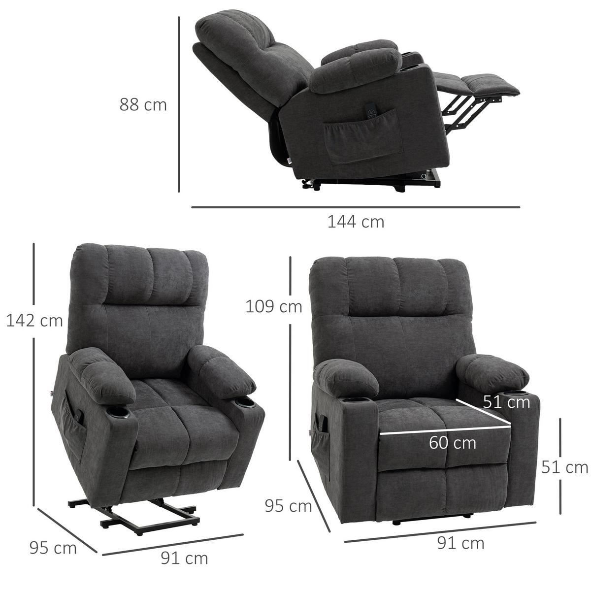 FERNSEHSESSEL mit Aufstehhilfe, Dunkelgrau - Dunkelgrau/Schwarz, Textil/Metall (95/109/91cm) - HOMCOM