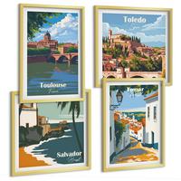 BILDER SET 4er Set - 50x50 cm & 40x60 cm Goldrahmen - Retro-Stadtgrafiken - Goldfarben, Kunststoff (50/50cm) - TULUP