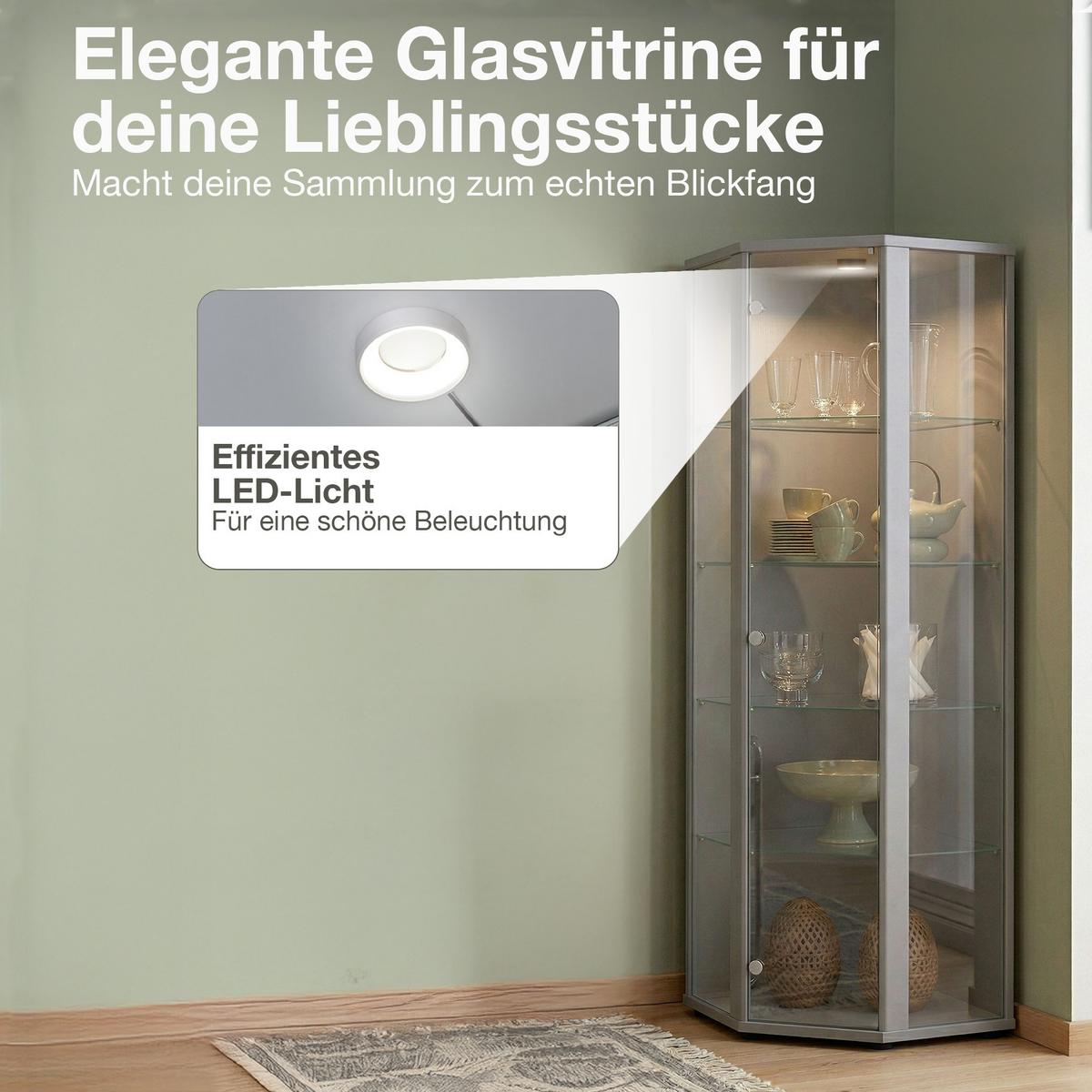 ECKVITRINE 56,5/56,5/176 cm mit LED - Transparent/Silberfarben, Glas/Holzwerkstoff (56.5/176/56.5cm) - K-Möbel