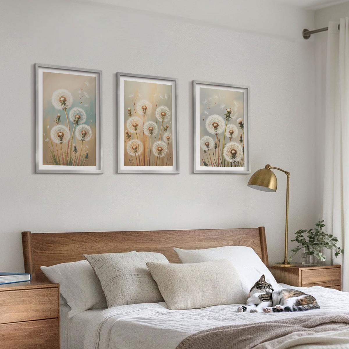 BILDER SET 3er Set - 40x60 cm Silberner Rahmen - Pastellfarbene Löwenzahnblüten - Silberfarben, Kunststoff (40/60cm) - TULUP