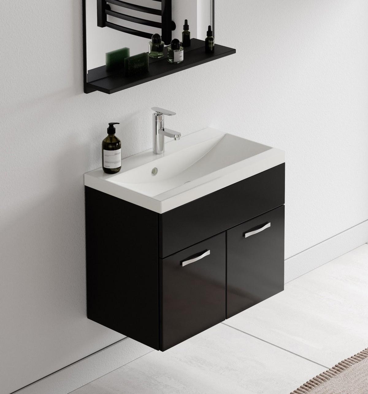 BADMÖBEL-SET Montreal 02 3 Teile Beton Schwarz Hochglanz - 60 x 35 x 51 cm - Chromfarben/Schwarz Hochglanz, Holz/Metall (60/51/35cm) - Badplaats