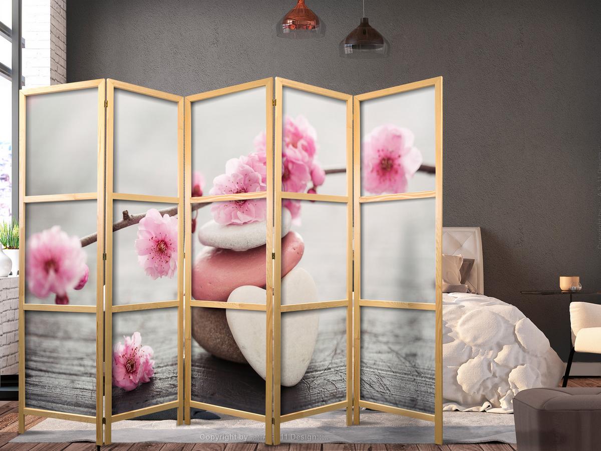 PARAVENT Japanischer 5-tlg 225x172 cm Blumen mit Steinen - Multicolor, Holz/Textil (225/172/3cm) - Muralo