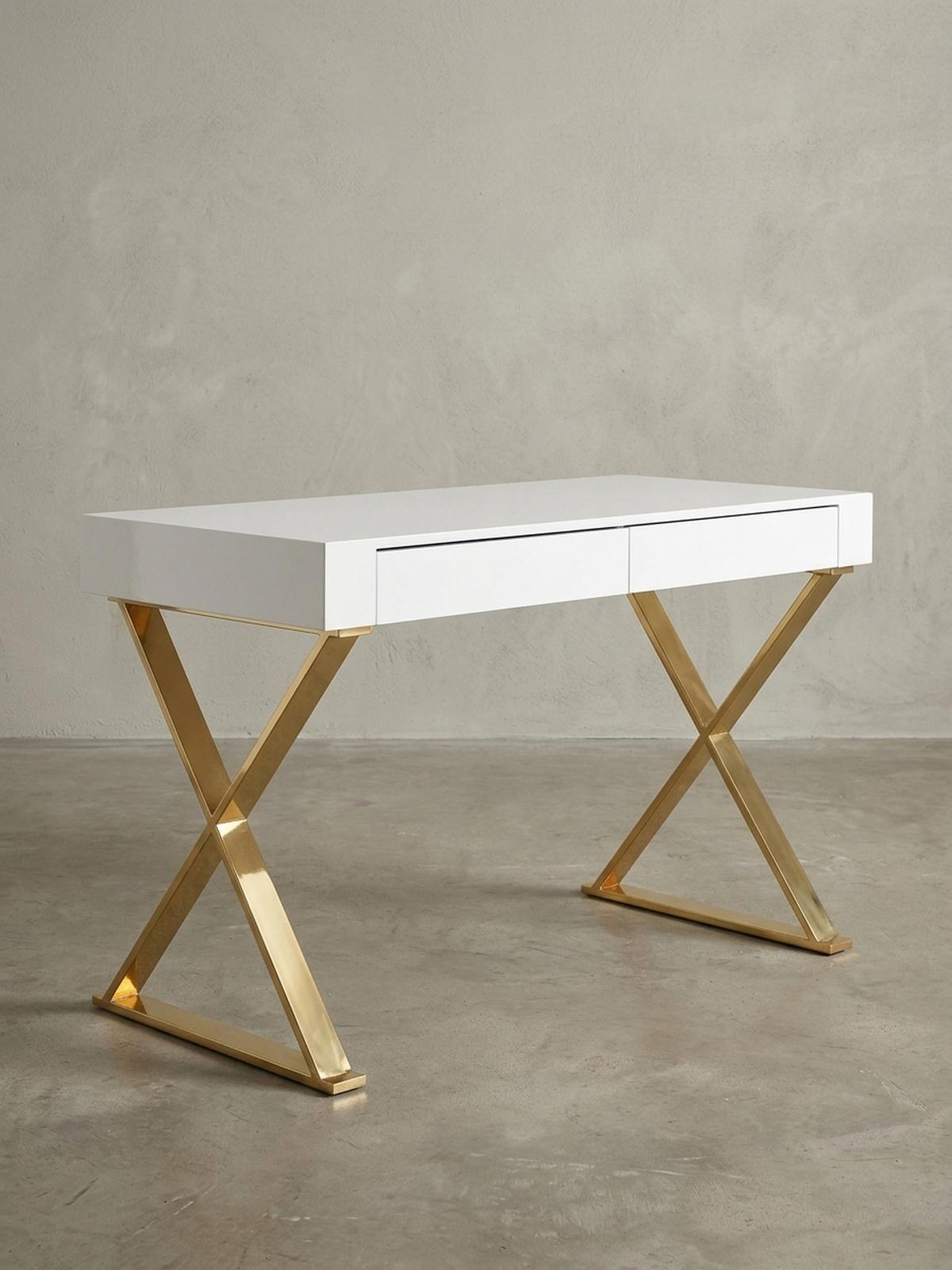 SCHREIBTISCH – Weiß Hochglanz, goldene Beine, 2 Schubladen, modern - Goldfarben/Weiß, Holz/Metall (57/118/76cm) - KADIMA DESIGN