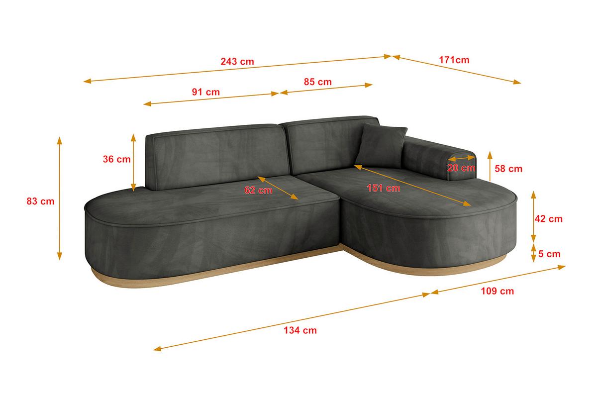 ECKSOFA Ottomane Rechts MARI-L1-v2 - 243x171x83 cm Dunkelgrau Velours - Dunkelgrau, Holzwerkstoff/Textil (171/243cm) - ALTDECOR