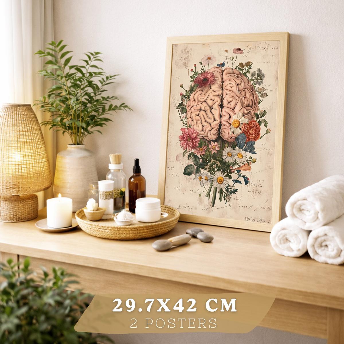 POSTER Set aus 2 Weibliche Anatomie Drucke und Wandbilder mit Gehirn und Gebärmutter Botanischer Retro Floraler Stil Größe Leichter Holzrahmen A3 - Beige, Papier (29.7/42/3cm) - Nacnic