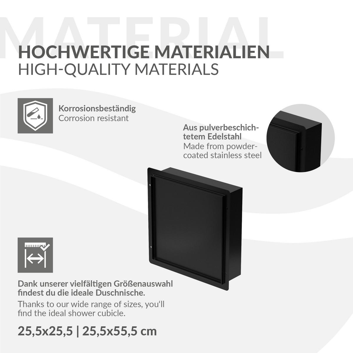 DUSCHNISCHE Edelstahl mit befliesbarer Tür Schwarz 25,5/25,5 cm - Schwarz, Metall (30/10/30cm) - LuxeBath
