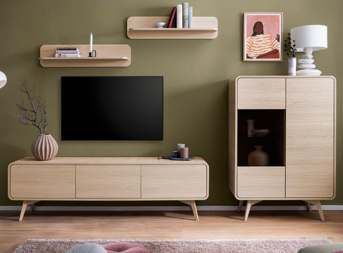 WOHNWAND Eiche natur 4-teilig 290 cm, Anbauwand mit Push-to-Open - Eichefarben, Glas/Holz (290/170/39cm) - Furn.Design