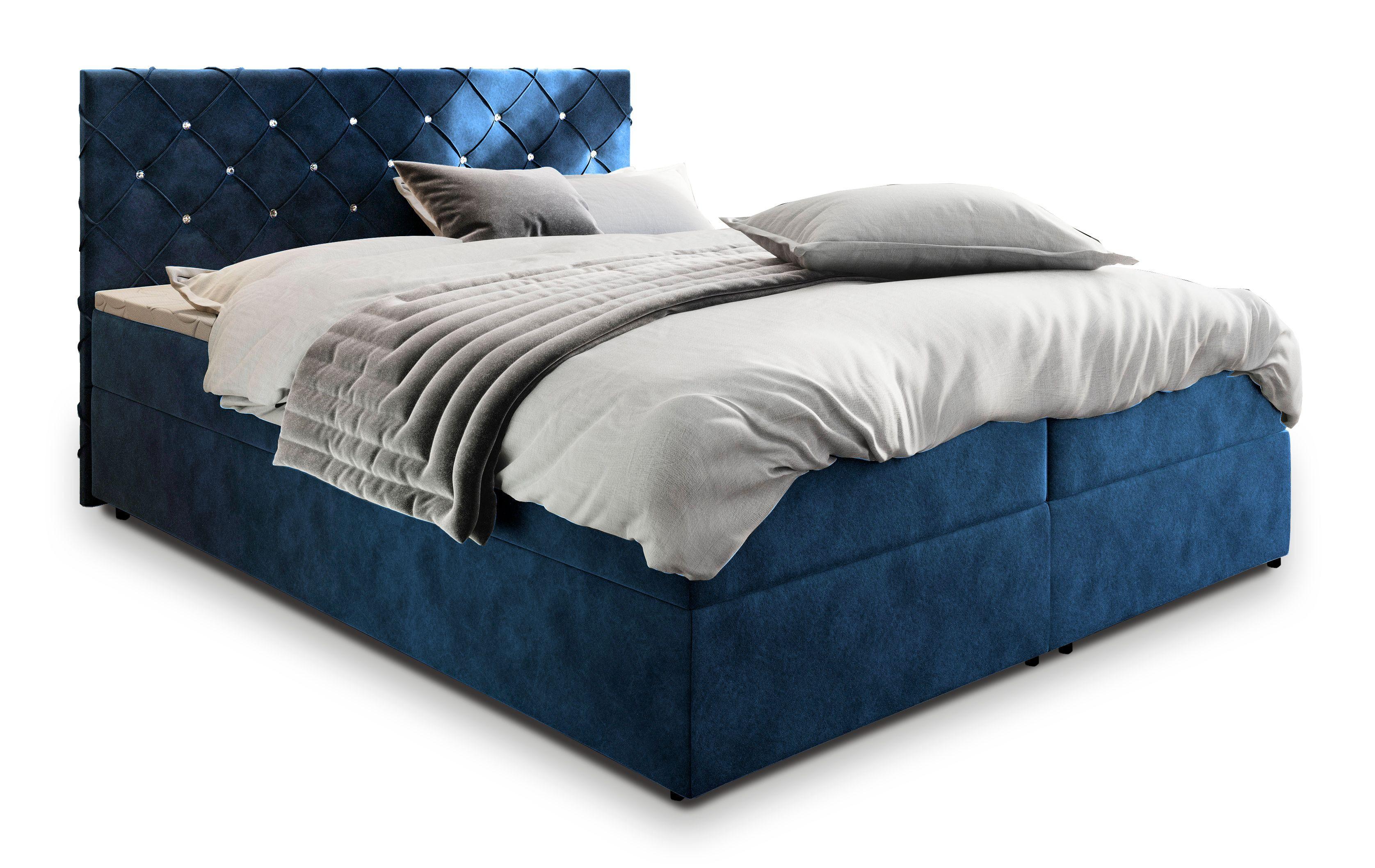 BOXBETT RIVA 160x200 cm mit Matratze und Topper, H2+H3 - Blau - Blau, Holz (160/200cm) - MASSENO