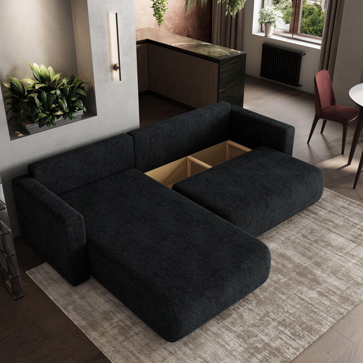ECKSOFA TURIN N Schwarz Bucle-Stoff mit Schlaffunktion - Schwarz/Grau, Holz/Kunststoff (265/183cm) - MASSENO