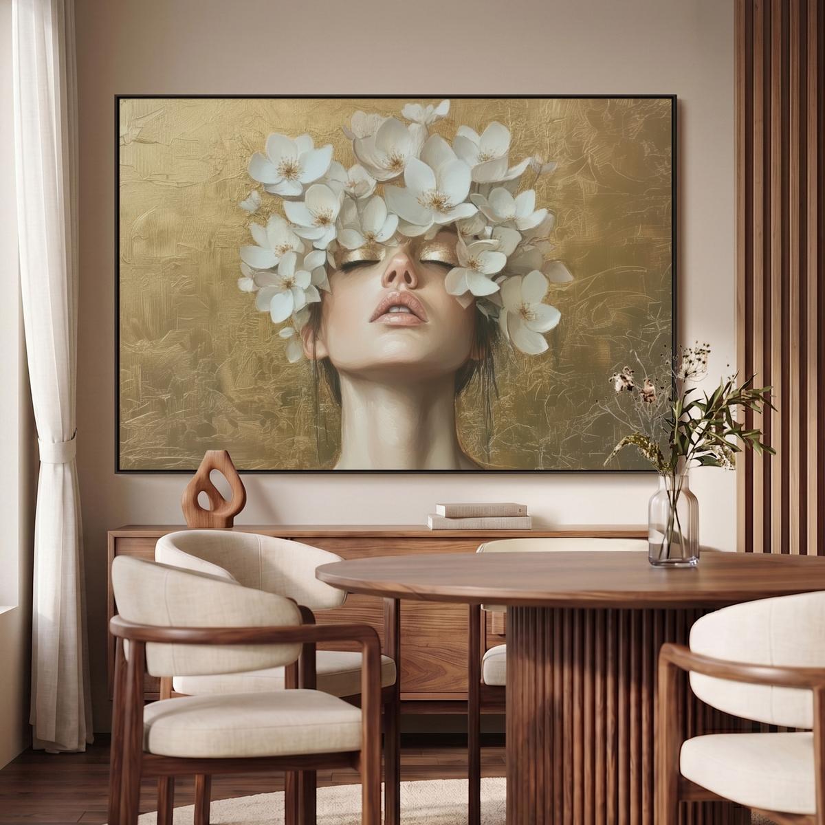 LEINWAND Bilder mit Rahmen - Gesicht - Blumen - Gold - Abstrakt - 140x90 - Goldfarben, Textil (140/90cm) - MuchoWow