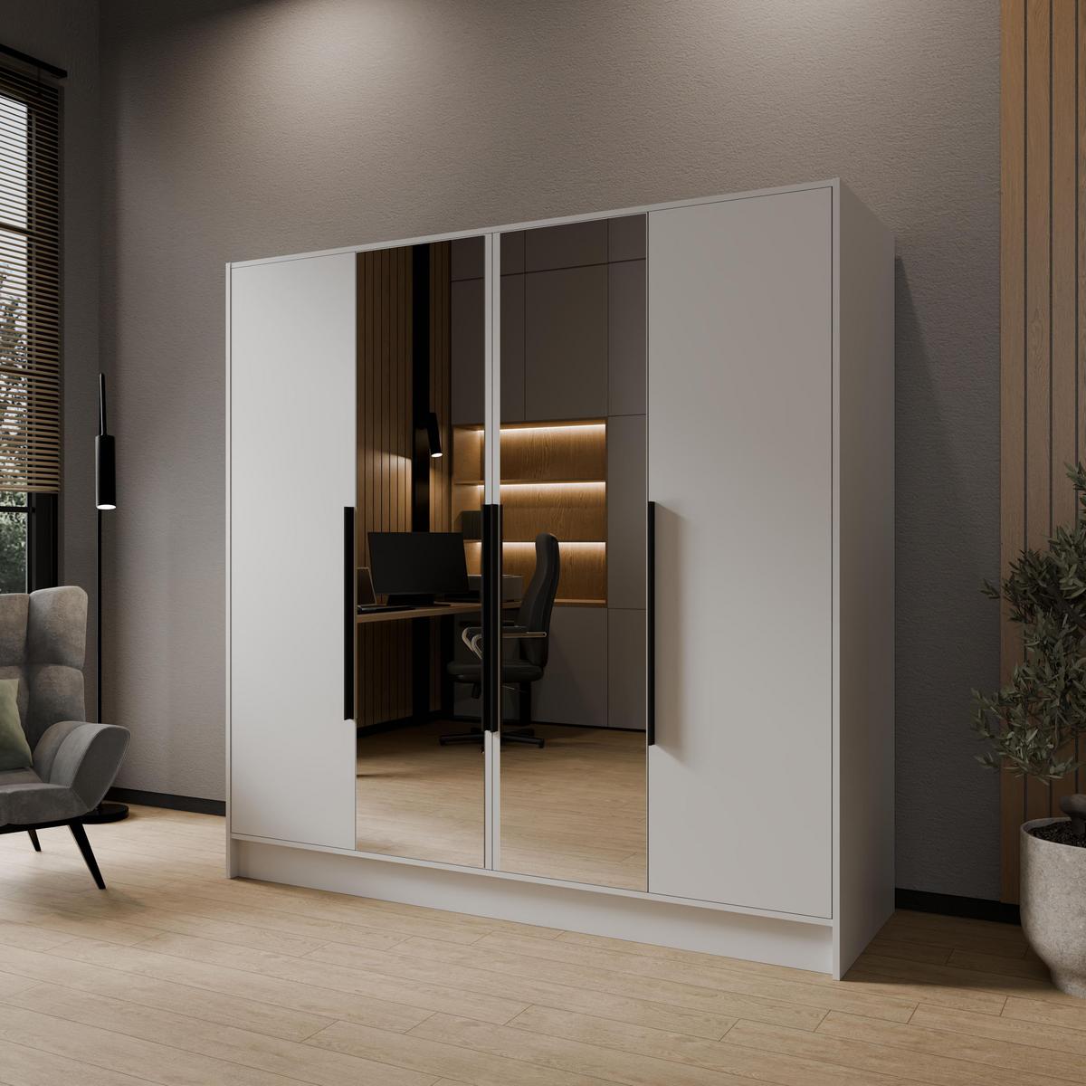 KLEIDERSCHRANK Mono Lux mit Speigel, Drehtüren mit Schwarze Metallgriffe, Weiß 200/200/51 cm - Weiß, Holzwerkstoff (200/200/51cm) - WFL GROUP