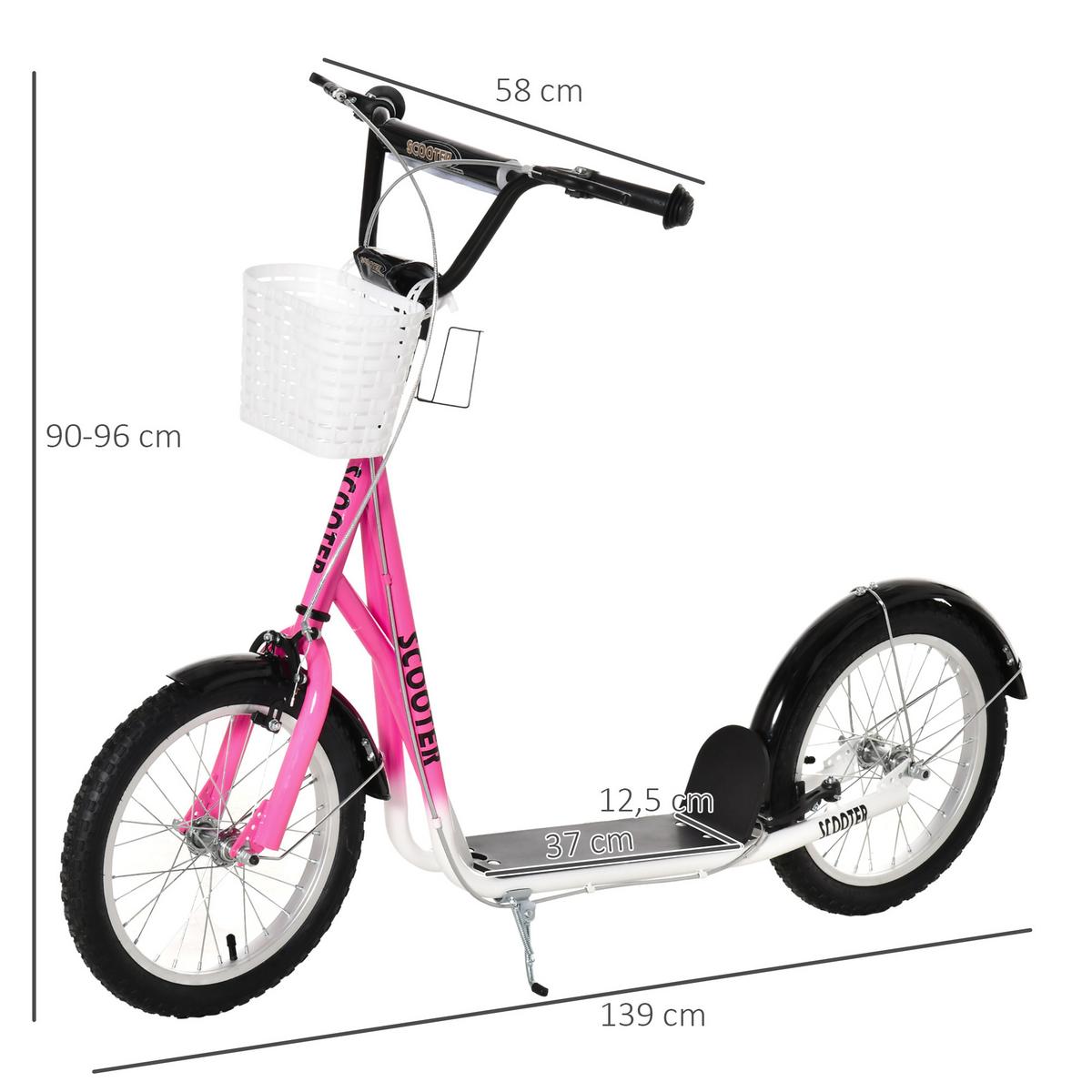 KINDERROLLER Scooter Tretroller mit Bremse Korb höhenverstellbar Gummi Rosa - Rosa, Metall (139/58/96cm) - HOMCOM