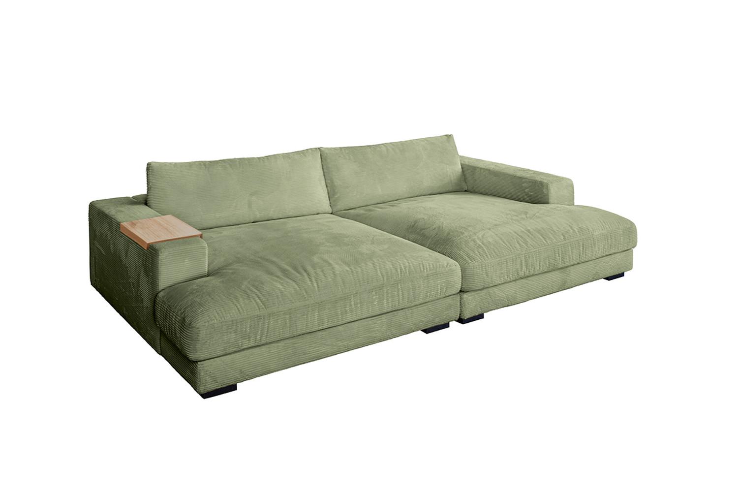 BIG SOFA MIT TABLETT MADELINE Grün Cord - Schwarz/Olivgrün, Kunststoff/Textil (290/85/170cm) - KAWOLA