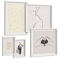 BILDER SET 5er Set - 50x50 cm & 20x30 cm & 40x60 cm Weißer Rahmen - Minimalistische Boho-Illustrationen - Weiß, Kunststoff (40/60cm) - TULUP