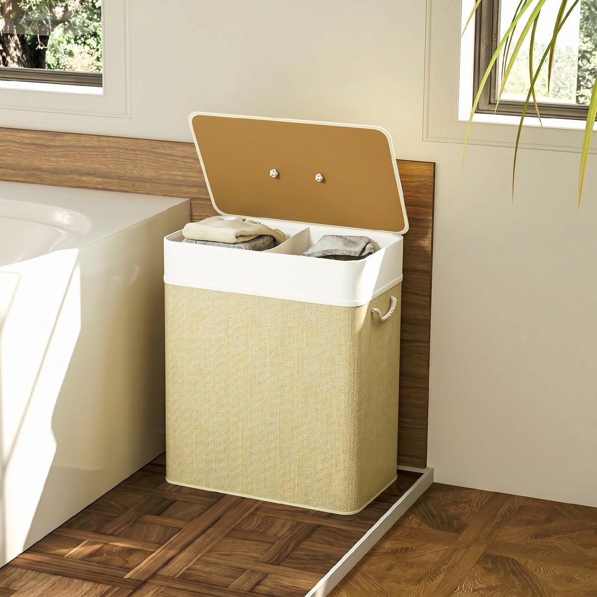 WÄSCHEKORB Bambus Cremeweiß - Hellbraun/Creme, Holz/Bambusholz (32/63/52cm) - HOMCOM
