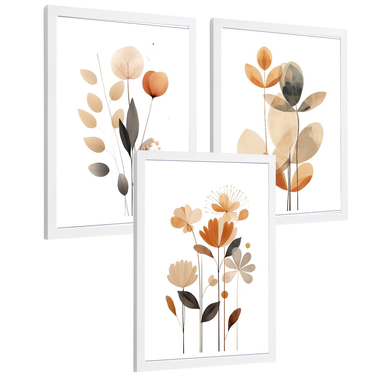 POSTER 3er-Set Wandbilder Orange Blumen modern Wohnzimmer Deko, Schlafzimmer, Küche, Badezimmer Weißer Rahmen A3 - Weiß, Papier (29.7/1/42cm) - Nacnic