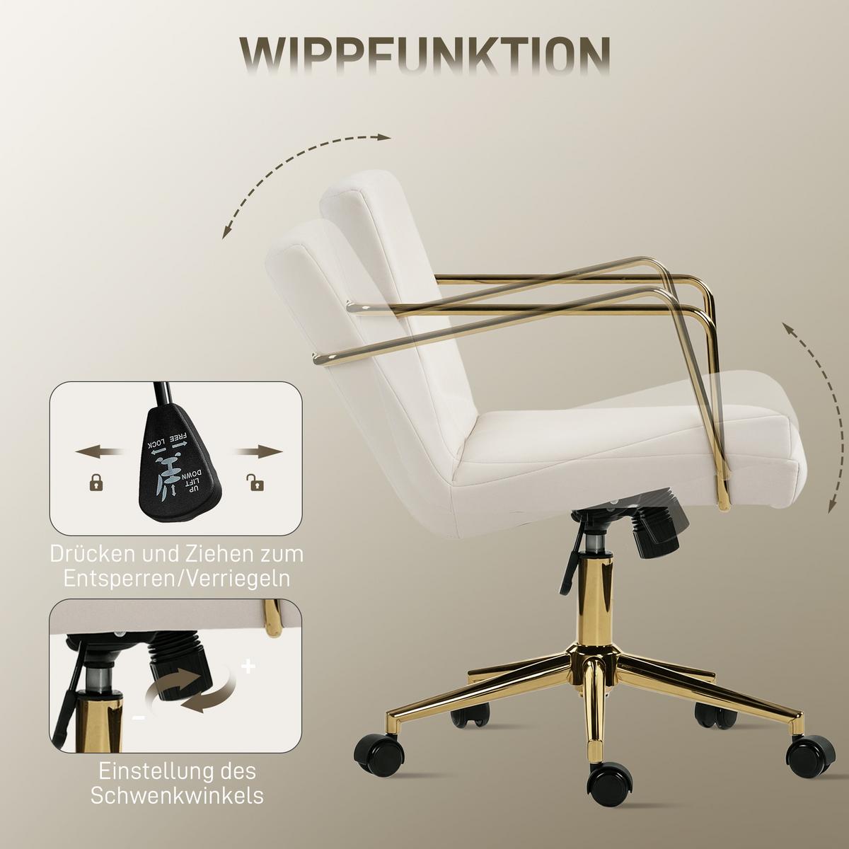 SCHREIBTISCHSTUHL höhenverstellbarer Bürostuhl mit Samtoptik Kippfunktion Creme - Goldfarben/Creme, Textil/Metall (57/90/64cm) - HOMCOM