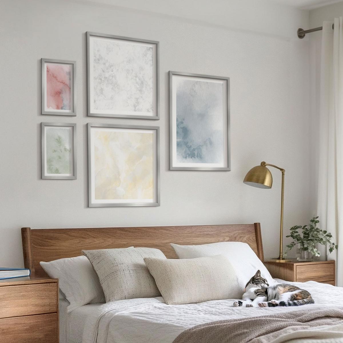 BILDER SET 5er Set - 50x50 cm & 20x30 cm & 40x60 cm Silberner Rahmen - Aquarellfarben in Pastellfarben - Silberfarben, Kunststoff (40/60cm) - TULUP