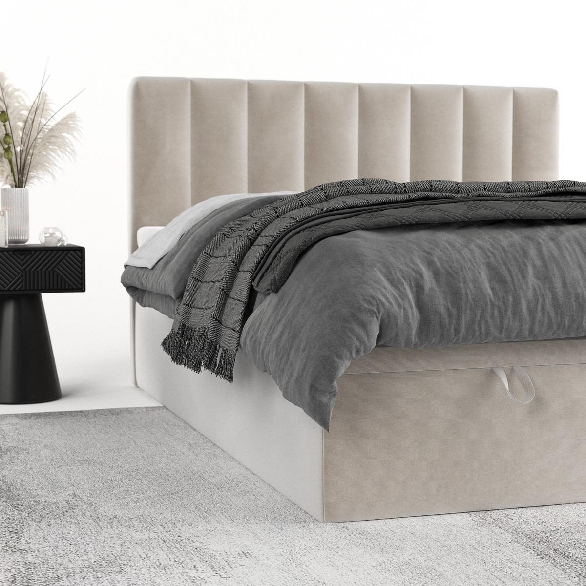 BOXBETT Lume 180/200 cm Hellbeige im Paros Stoff - Beige/Schwarz, Holz/Holzwerkstoff (180/200cm) - AltaBeds