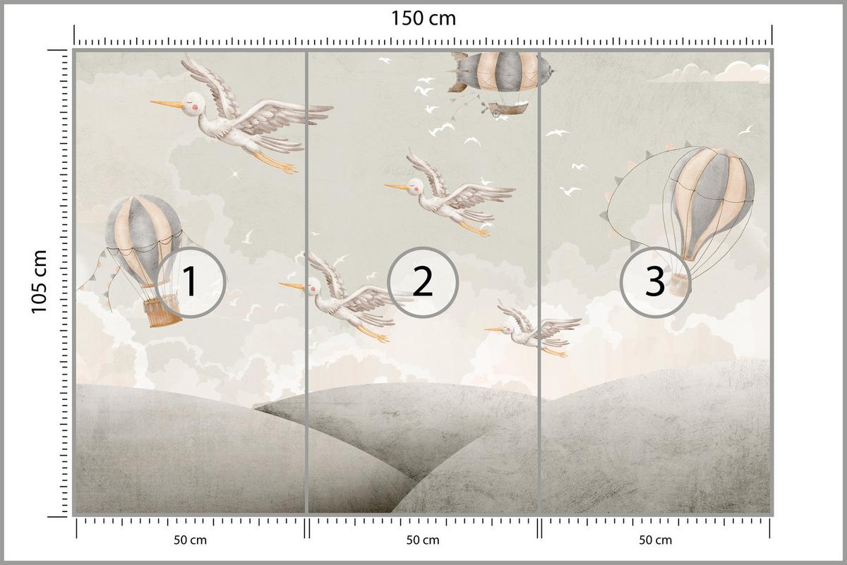 FOTOTAPETE für Kinderzimmer Boho Störche Aquarell Balon Luftschiff Himmel 150x105 - Beige/Weiß, Papier (150/105cm) - Muralo