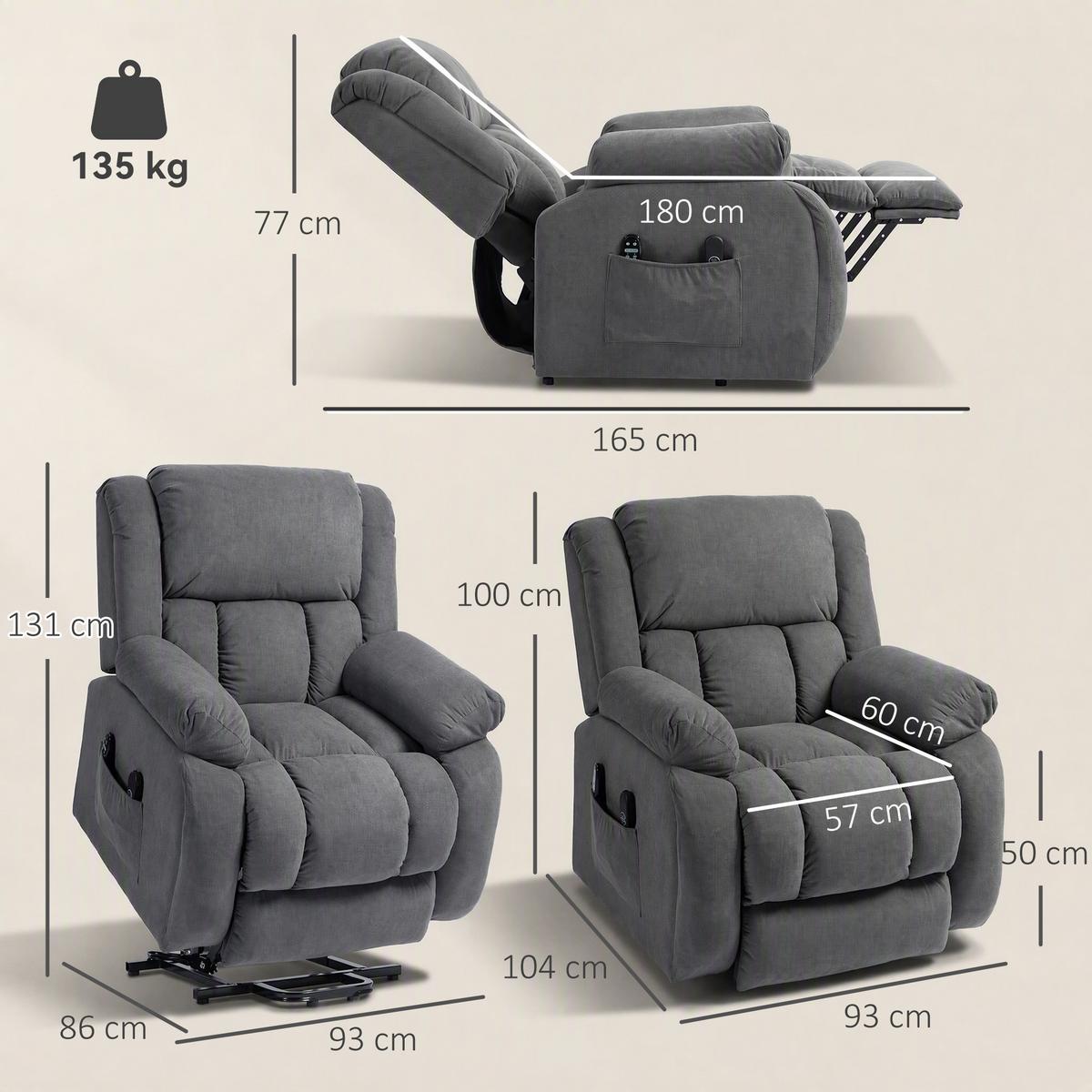 FERNSEHSESSEL mit Aufstehhilfe, Relaxsessel mit Liege-, Massagefunktion, Grau - Grau, Textil (104/100/93cm) - HOMCOM