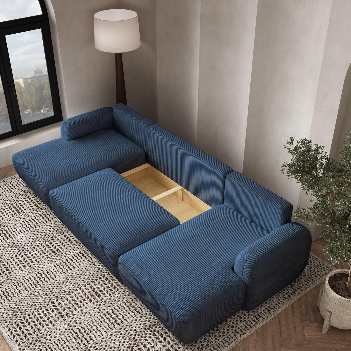 WOHNLANDSCHAFT SAVONA P Blau Kordstoff mit Schlaffunktion - Blau/Schwarz, Holz/Kunststoff (320/90/148cm) - MASSENO