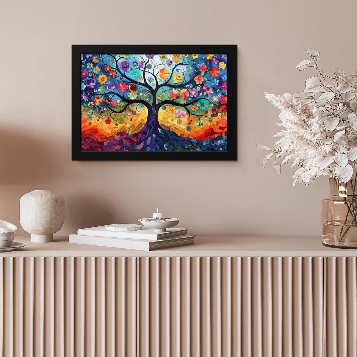 POSTER MIT RAHMENGERAHMTES BILD Kunst - Baum des Lebens - Blumen - Hippie 30x20 cm - Dunkelblau, Papier (30/20cm) - MuchoWow