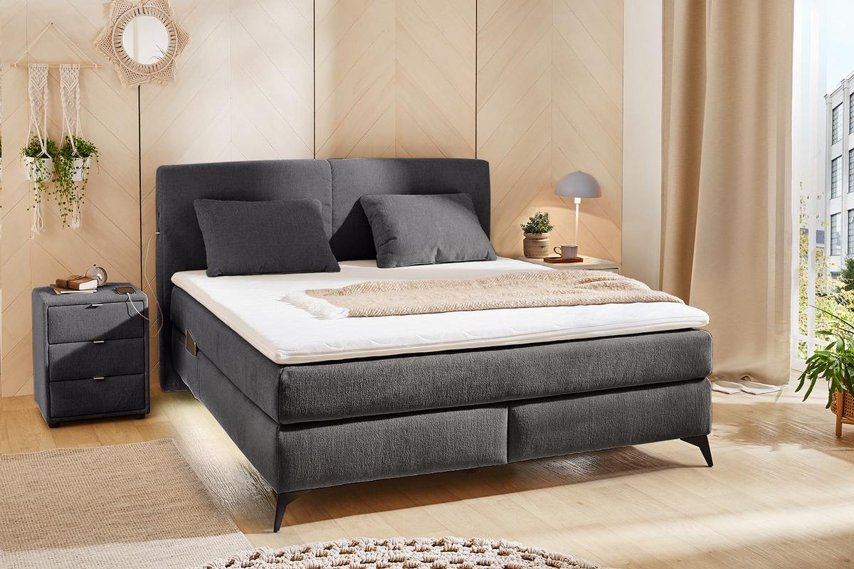 BOXSPRINGBETT 160x200 cm, 7-Zonen-Tonnentaschen-Federkernmatratzen H3, Topper, Bonell-Federkern, Beleuchtung,USB-Ladeports, Chenille Dunkelgrau /20042 - Dunkelgrau/Schwarz, Textil/Metall (160/200cm) - luma-home
