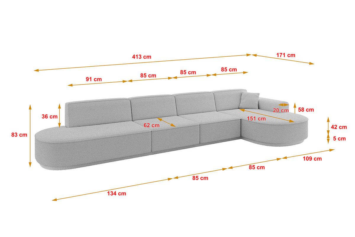 ECKSOFA Ottomane Rechts MARI-L3-v3 - 413x171x83 cm Hellgrau Bouclé - Hellgrau/Schwarz, Holzwerkstoff/Kunststoff (171/413cm) - ALTDECOR
