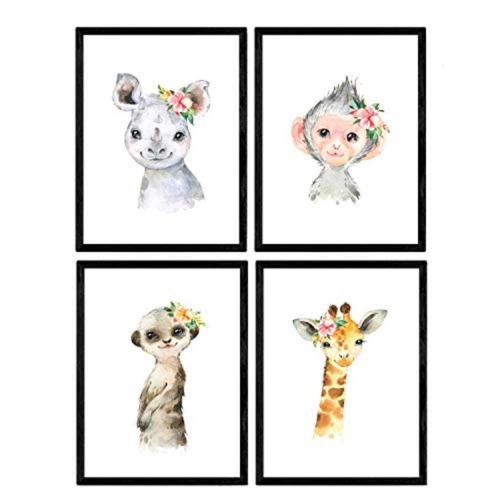 POSTER Set mit 4 Girafa Affe Nashorn und Erdmännchen A4 Rahmenlos - Klar, Papier (29.7/3cm) - Nacnic