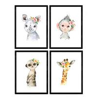 POSTER Set mit 4 Girafa Affe Nashorn und Erdmännchen A4 Rahmenlos - Klar, Papier (29.7/3cm) - Nacnic
