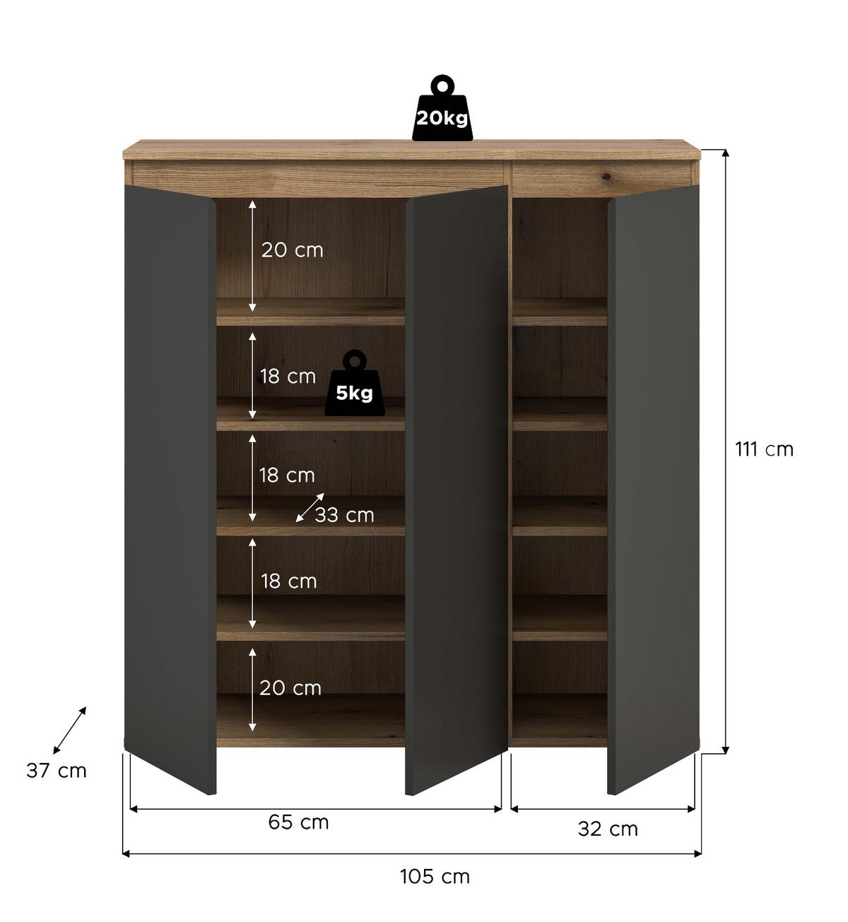 KOMMODE grau, Evoke Eiche 105 x 11 cm, Anrichte mit 10 Fächern - Eichefarben/Schwarz, Holzwerkstoff/Kunststoff (105/111/37cm) - Inn.Furn