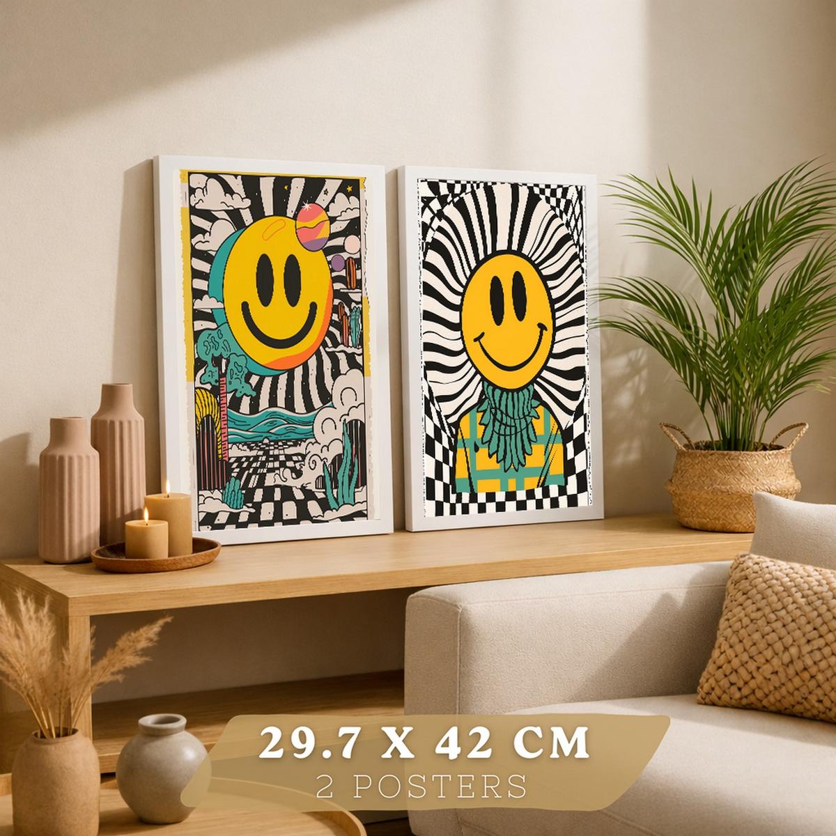 POSTER 4er Kunstdruck-Set Wandbilder Smiley Emoji modern Wohnzimmer Deko, Schlafzimmer, Küche, Badezimmer Weißer Rahmen A3 - Weiß, Papier (29.7/1/42cm) - Nacnic