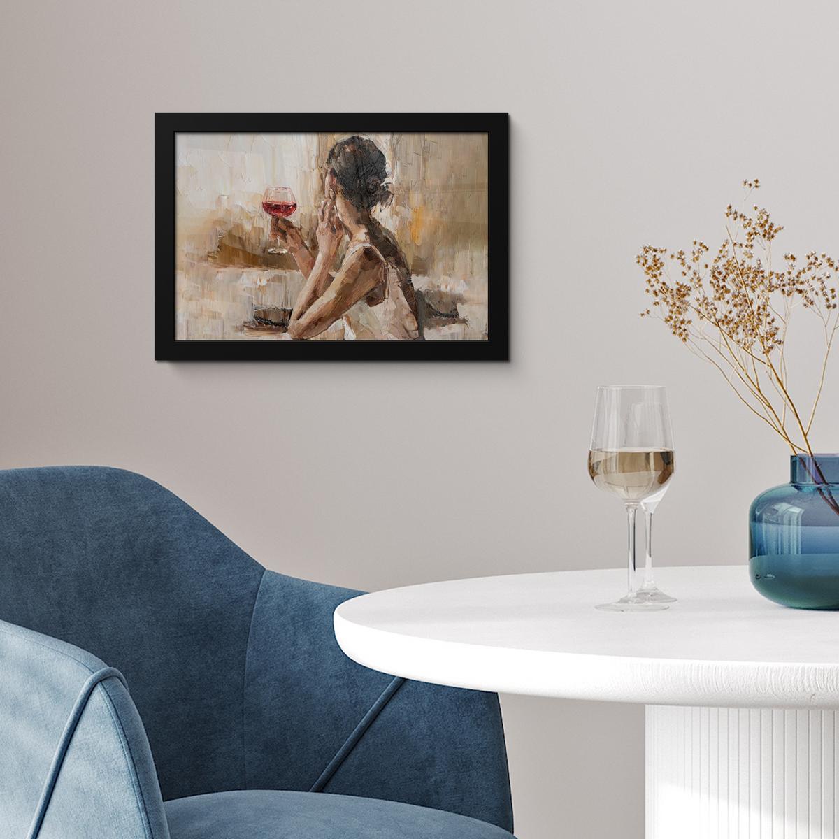 POSTER MIT RAHMENGERAHMTES BILD Ölgemälde - Frau - Wein 30x20 cm - Hellbraun, Papier (30/20cm) - MuchoWow