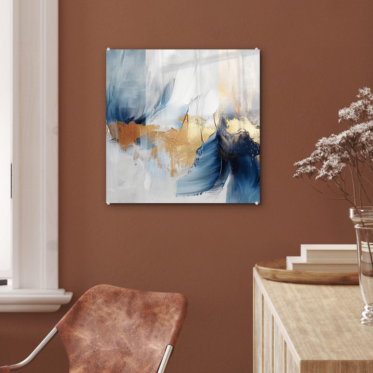 ACRYLGLASBILD Gold - Blau - Aquarell - Kunst - Modern 50x50 cm - Hellblau, Glas (50/50cm) - MuchoWow