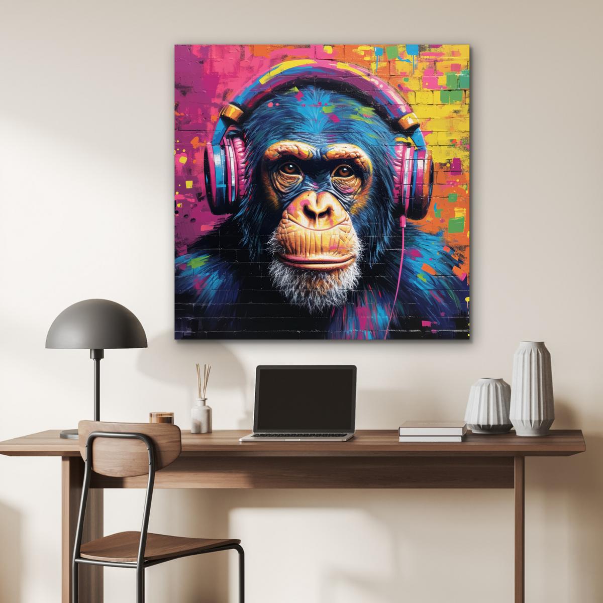 METALLBILD Graffiti - Schimpanse - Straßenkunst - Kopfhörer - Affe 90x90 cm - Blau, Metall (90/90cm) - MuchoWow