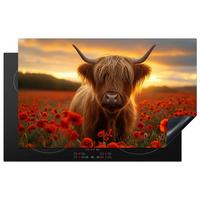 HERDABDECKPLATTE Schottische Highlander - Rosen - Blumenfeld - Sonnenuntergang Ceranfeldabdeckung 85x52 cm - Rotbraun, Kunststoff (85/52/0.2cm) - MuchoWow