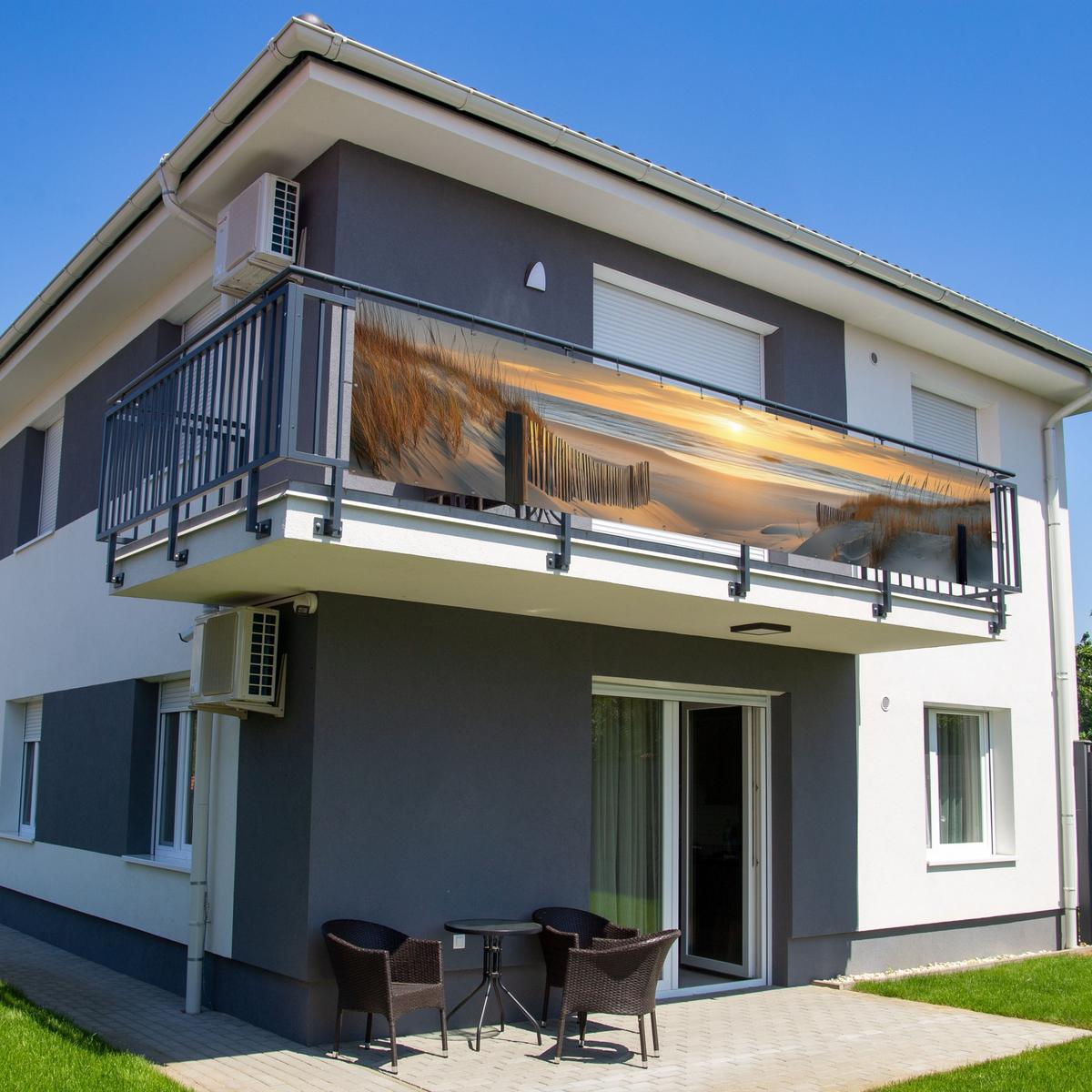 BALKON-SICHTSCHUTZ Strand - Dünen - Sonnenuntergang Deko XXL 500x110 cm - Sandfarben, Kunststoff (500/110cm) - MuchoWow