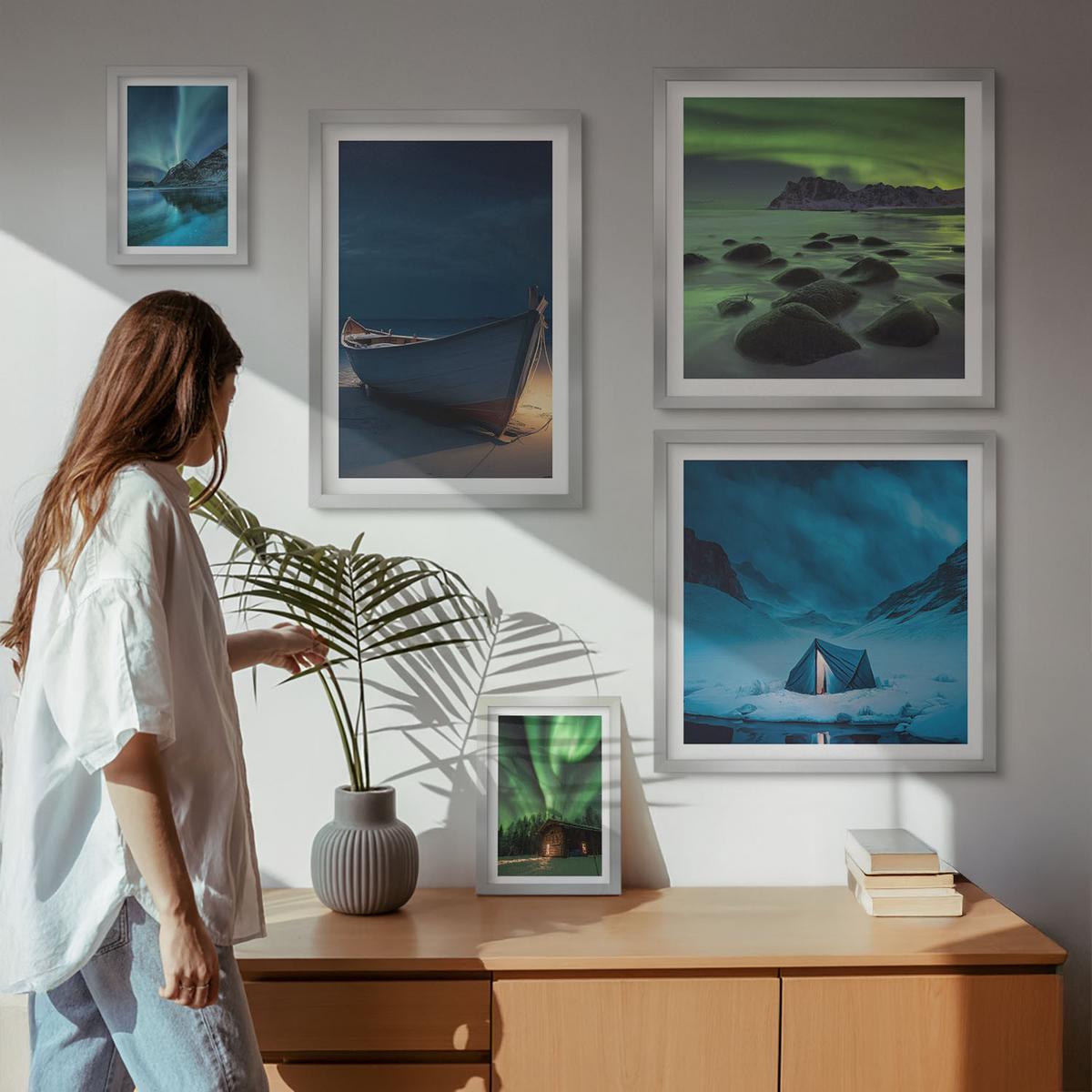BILDER SET 5er Set - 50x50 cm & 20x30 cm & 40x60 cm Silberner Rahmen - Winterlandschaften, Nordlichter, Berge - Silberfarben, Kunststoff (40/60cm) - TULUP