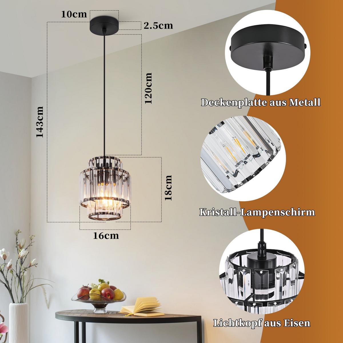 PENDELLEUCHTE Marenor 16/16/143 cm - Schwarz, Glas/Metall (16/16/143cm) - ZMH