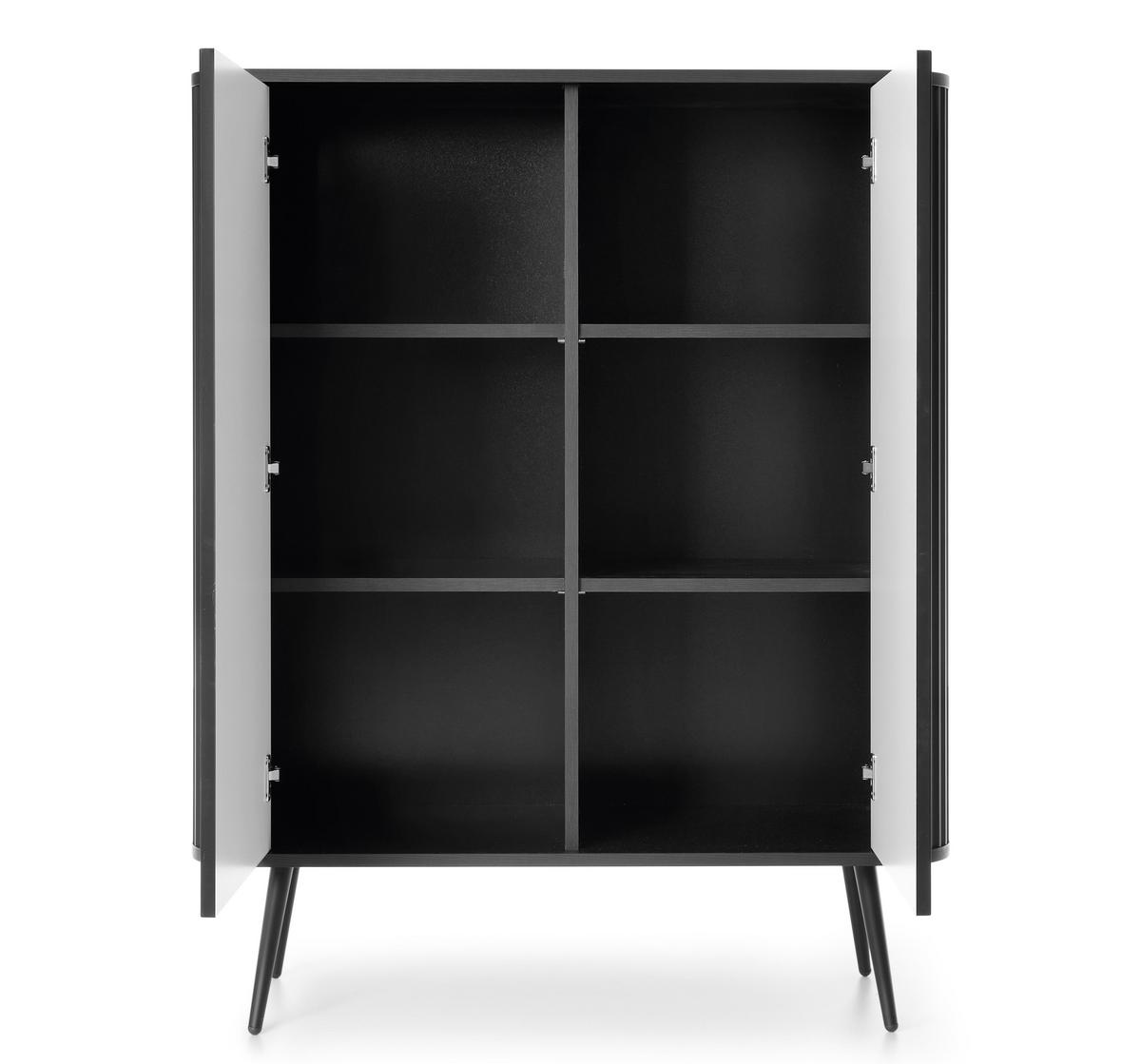 HIGHBOARD Salvia 2T Schwarz 103/129/39 cm – mit geriffelten Fronten und hohen Beinen - Schwarz, Holzwerkstoff/Metall (103/129/39cm) - AX Living