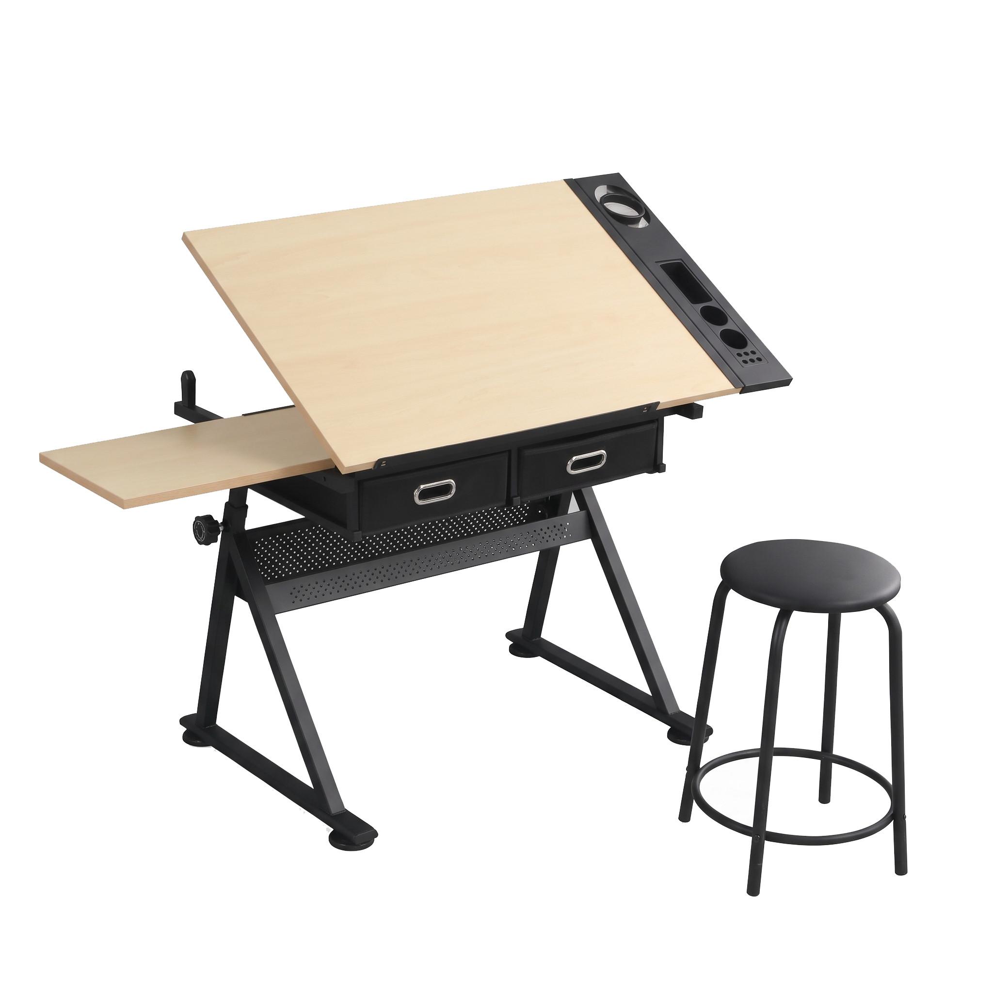 SCHREIBTISCH Zeichentisch Höhenverstellbar Neigbar Ahorn inkl Hocker & Schubladen - Ahornfarben, Holzwerkstoff (60/98/68cm) - Urban Meuble