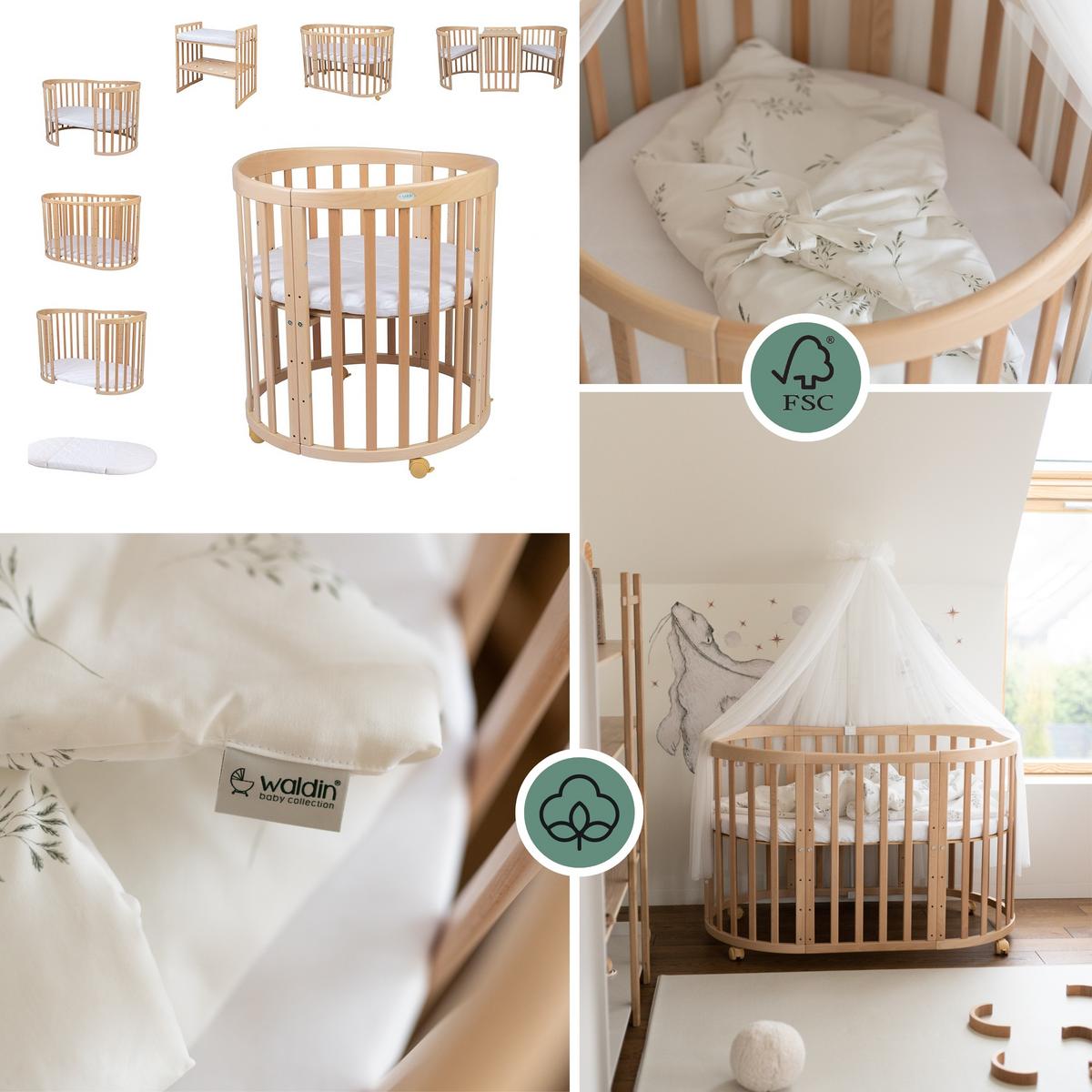 BABYBETT NATUR OVAL 7in1 mit Matratze und Himmelset - Naturfarben/Weiß, Holz/Textil (73/125cm) - waldin