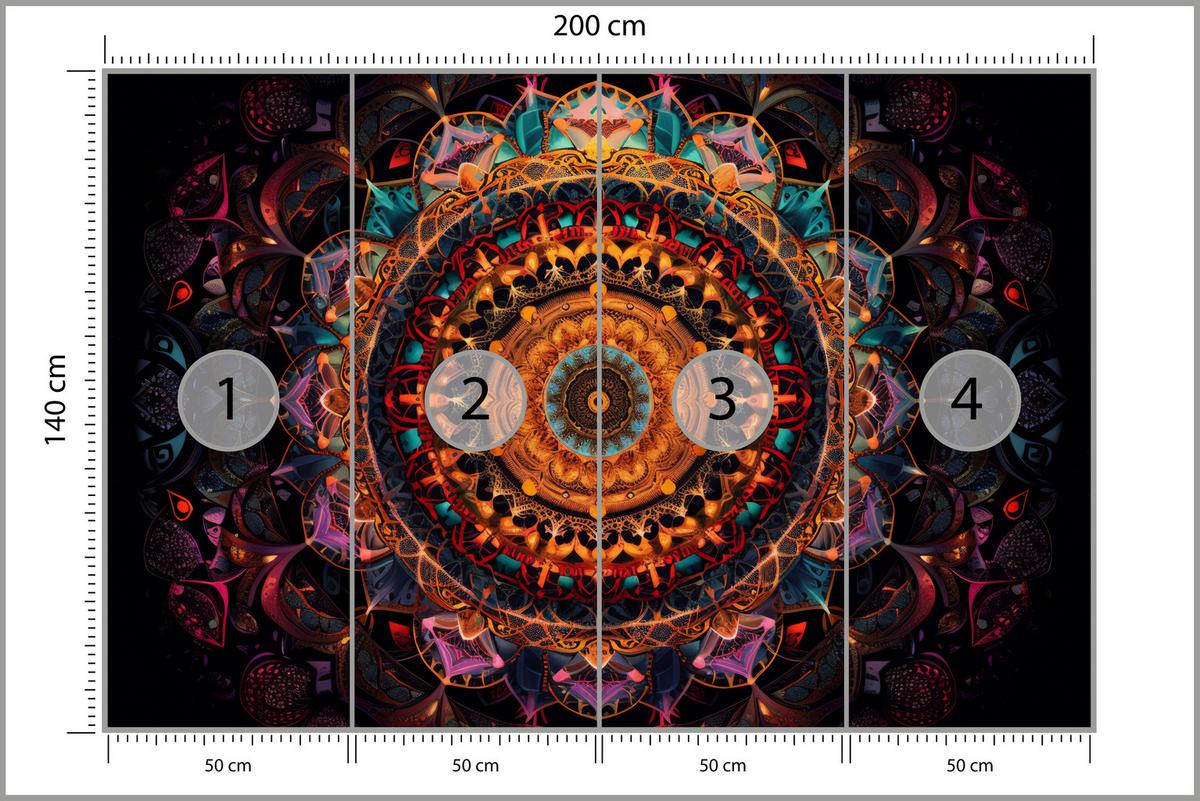 FOTOTAPETE für Schlafzimmer Bunte Mandala Vintage Orientalisch Harmonisch 200x140 - Gelb/Rot, Papier (200/140cm) - Muralo