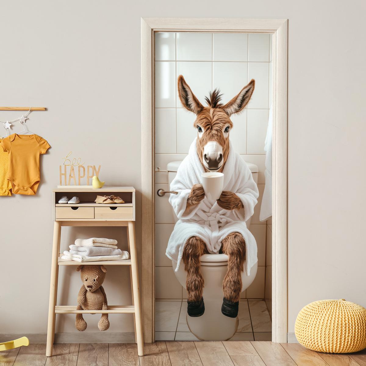 TÜRAUFKLEBER Esel - WC - Lustig - Bademantel - Tier 90x235 cm - Türtapete - Beige, Kunststoff (90/0.1cm) - MuchoWow