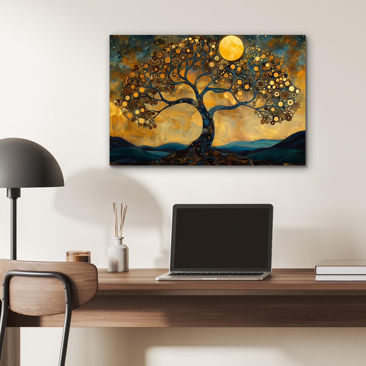 METALLBILD Baum - Mond - Blumen - Gold - Kunst Wandbild 60x40 cm - Orange, Metall (60/40cm) - MuchoWow