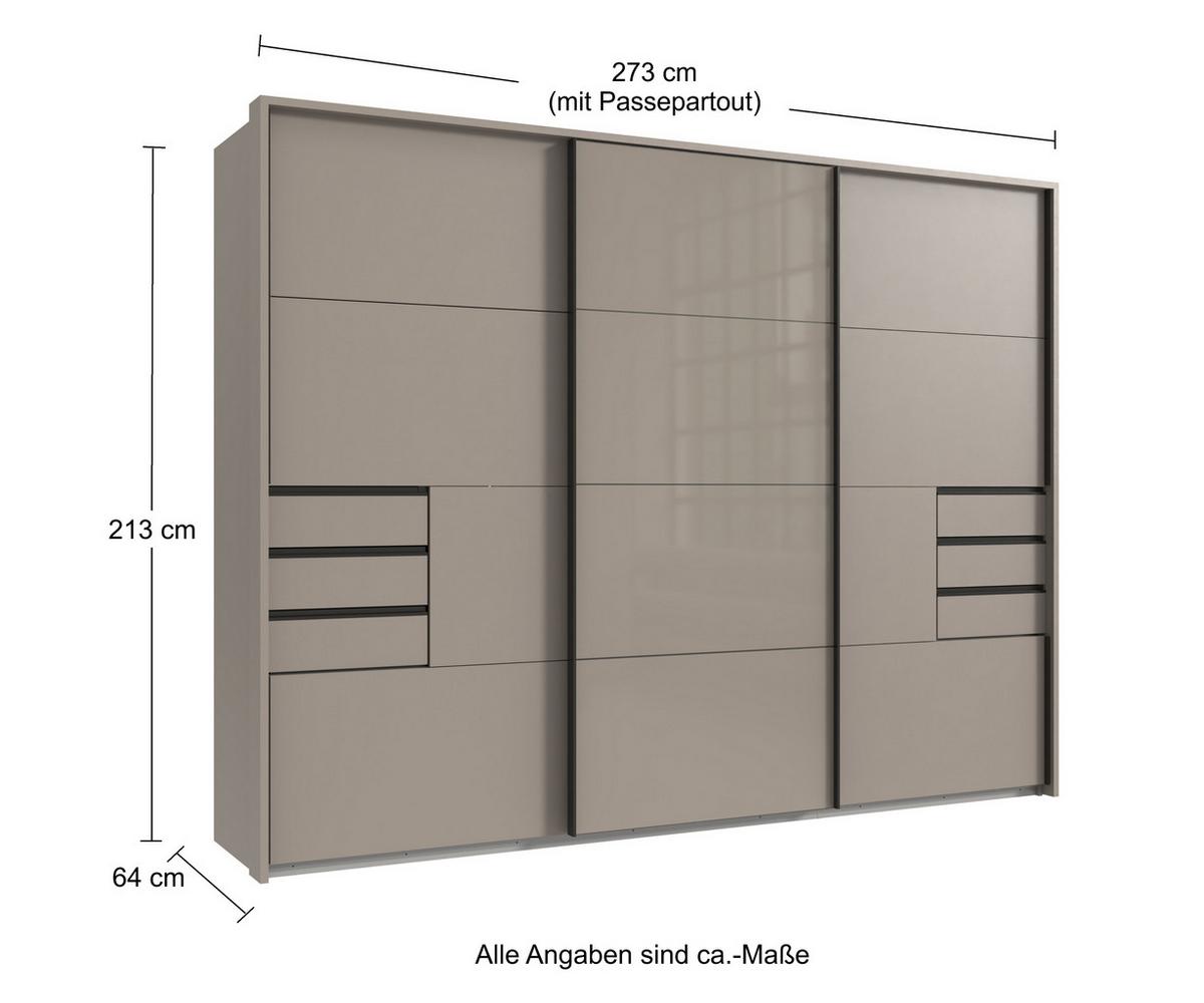 SCHWEBETÜRENSCHRANK 3-türig B273/H213/T64 cm, Sandgrau/Mitteltür Glas, Passepartout-Kleiderschrank mit Schubladen & Vollausstattung, / 22620 - Sandfarben/Schwarz, Holzwerkstoff/Metall (273/213/64cm) - luma-home